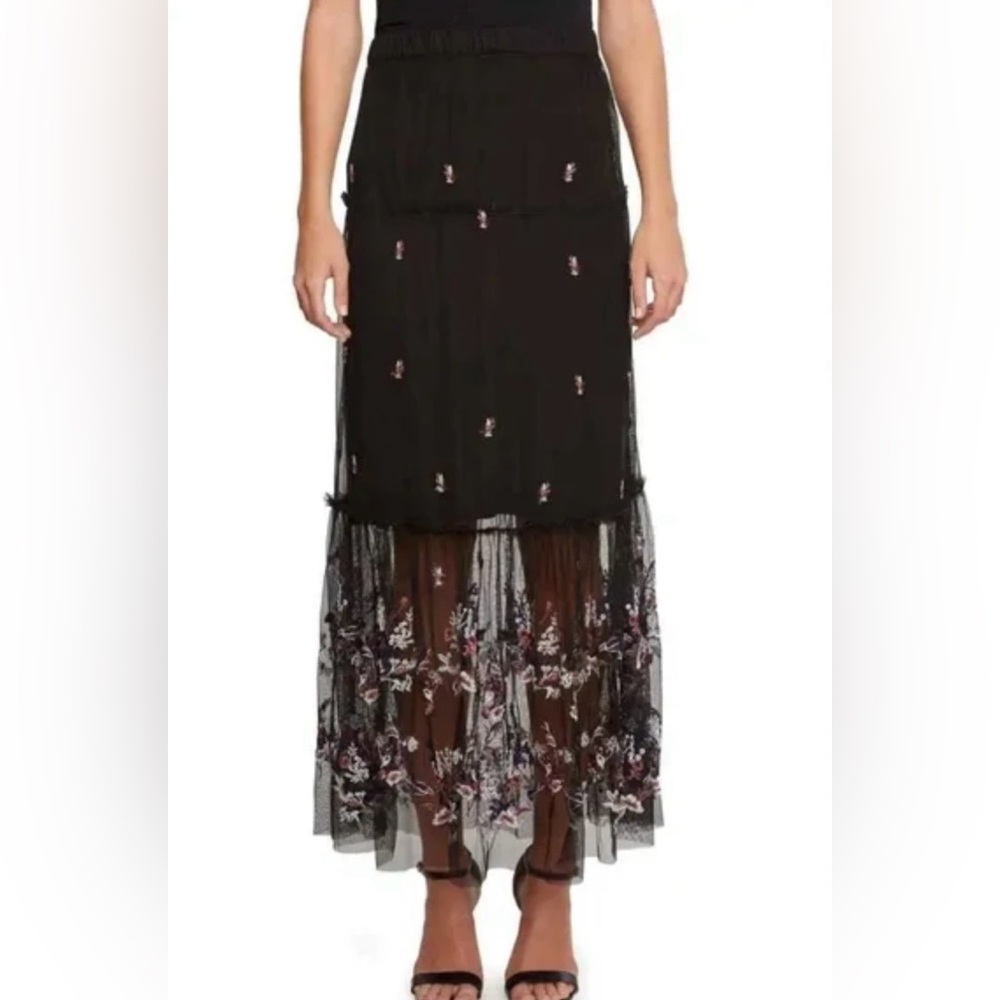 Mesh Long Tiered Skirt Embroidered Floral Black Pink Dark Fairycore Whimsigoth M